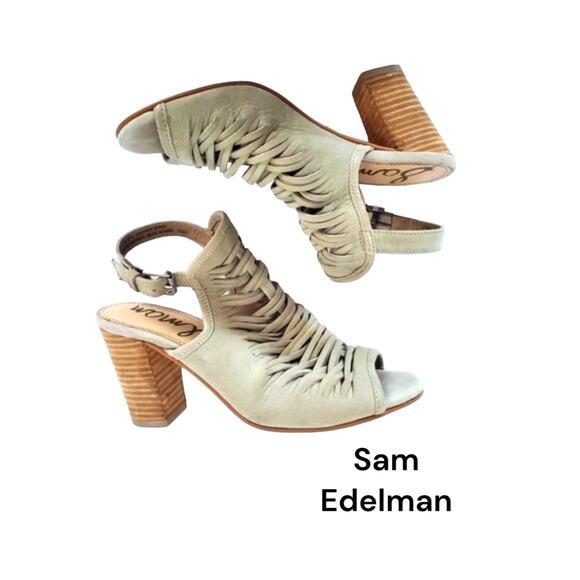 Sam Edelman Holly Leather Booties Light Greenish Beige Block Heel Ankle Size 7.5 - Picture 6 of 16